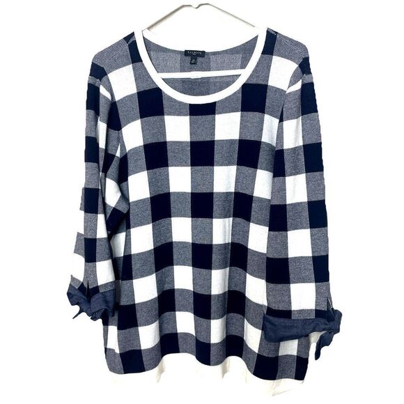 Talbots Plus Size 2X Top Shirt Cotton Rayon Knit Gingham 3/4 Sleeve Blue - Picture 1 of 9